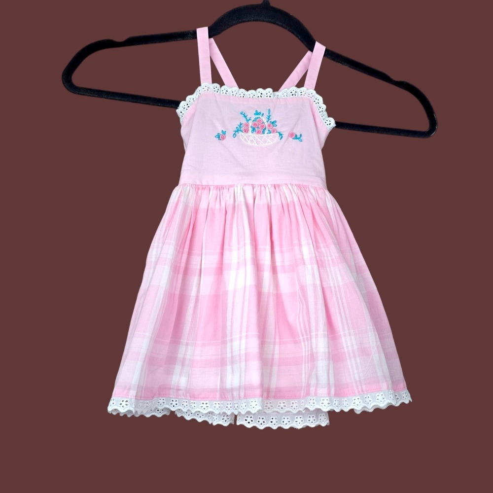 Well Dressed Wolf Kids Pink White Plaid Embroidered Flower Basket Dress 12M NWT